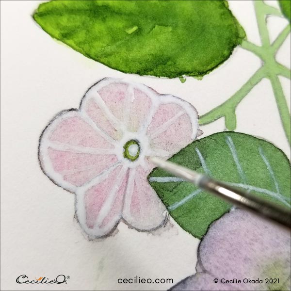 Painted white outlines on the flowers and thin white veins on the dark leaves, with gouache.