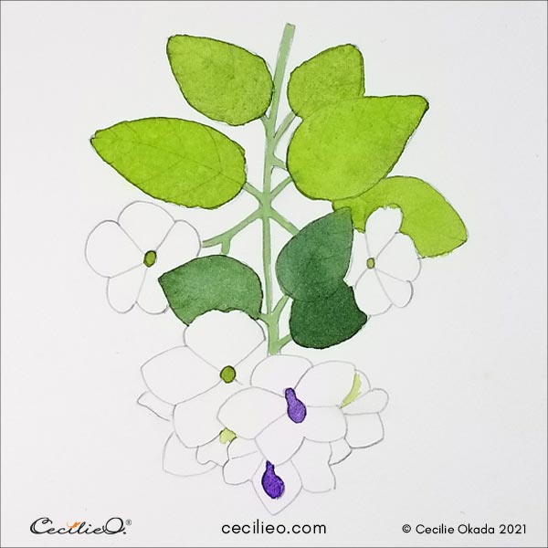 Watercolor the center of the flowers with purple and green, and pastel green stems.