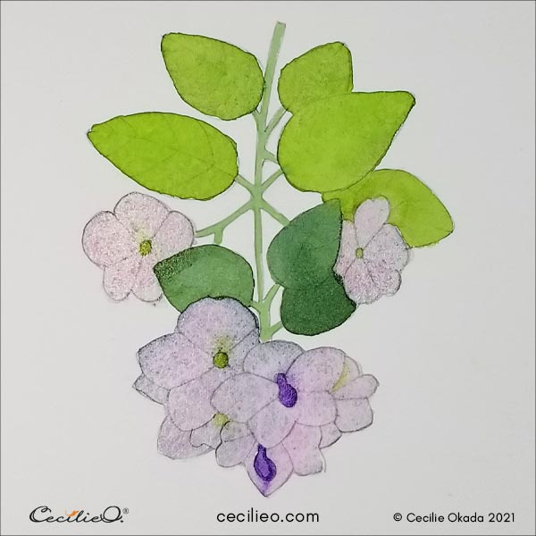 Watercolor the grey base color for the flowers, mixing in a bit of pink, purple and green.