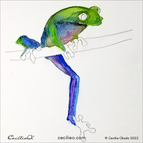 Painting the legs with blue and purple watercolor.