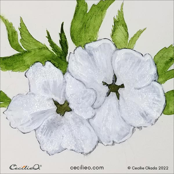 Second layer of white gouache with more details.