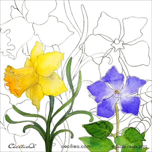 Collage of line art with corresponding watercolor paintings.