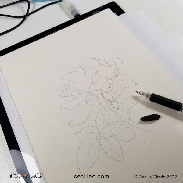 Tracing the outline of my sketch on a LED light tracing pad.