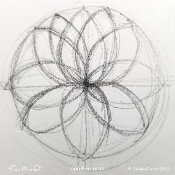 Freehand drawing of the sunflower center step 6.