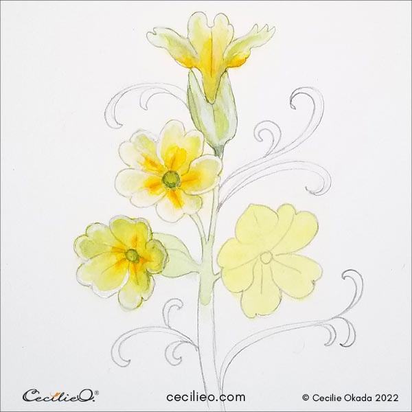 Painting more details with watercolor, white gouache, and colored pencils.