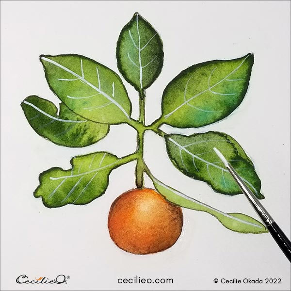 Paint the veins of the leaves with white gouache.