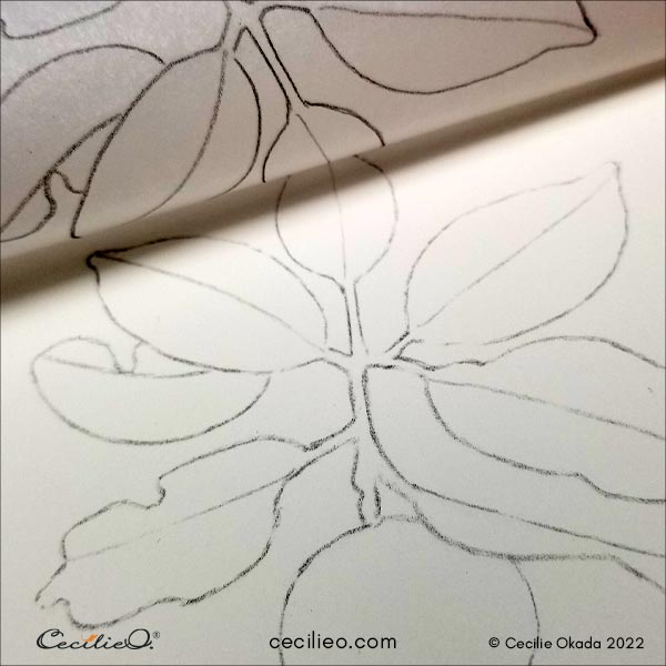 Transferring my line drawing to watercolor paper.