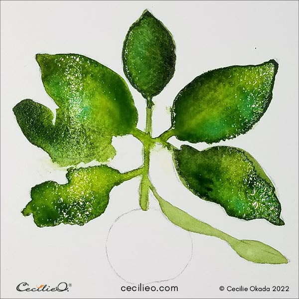 Watercolor the green leaves with lots of water and several greens. 