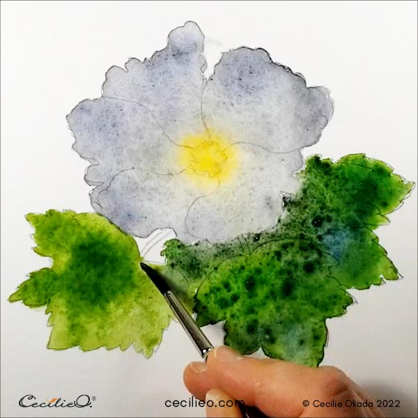 Playing with various green watercolors for the leaves.