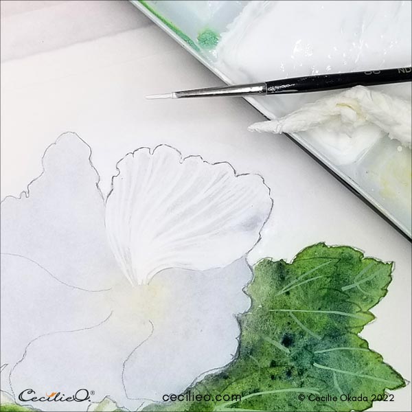 First layer of white gouache on a petal.