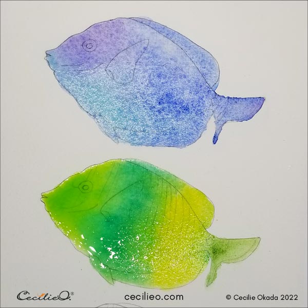 Watercolor the second fish with various greens.