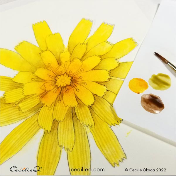 Painting light stripes on the petals, and a dark flower center.