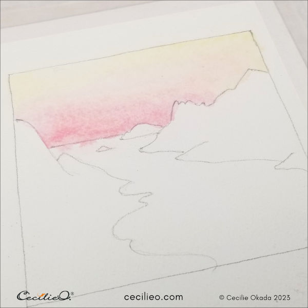 Watercolor the sunrise sky with pale pink and yellow.