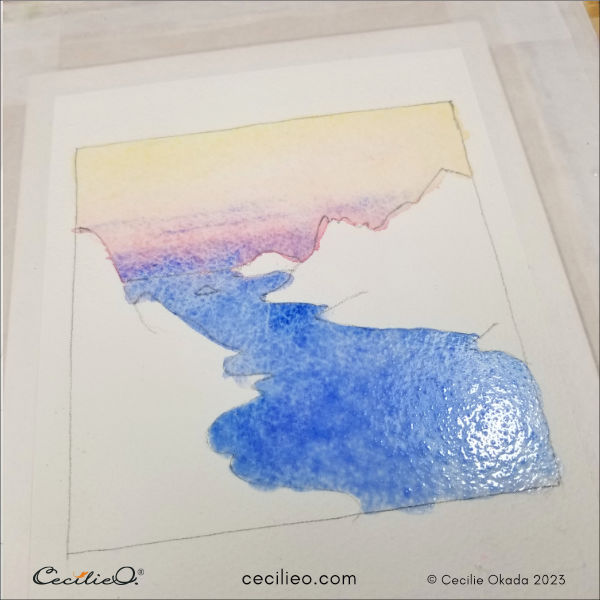 Paint the fjord with blue watercolor.