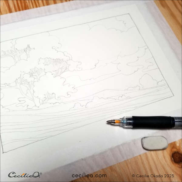 Taking inspiration from the AI-generated "watercolor", I drew a similar landscape freehand.