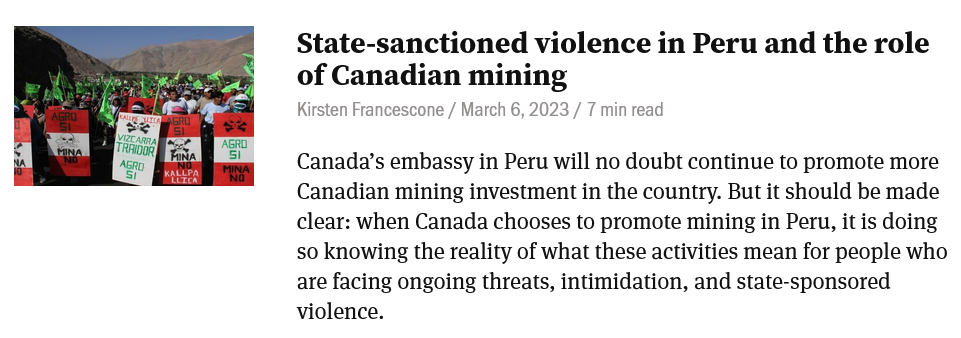 Some resources to learn about recent Canadian corporate push to expand mining in Peru and Ecuador