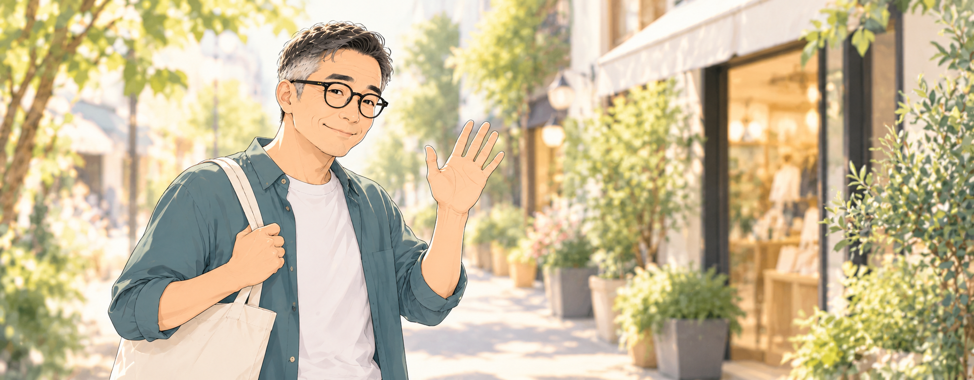 白いトートバッグを肩に掛けた廣瀬のイラスト。買い物の街並みを背景に読者へ挨拶している
