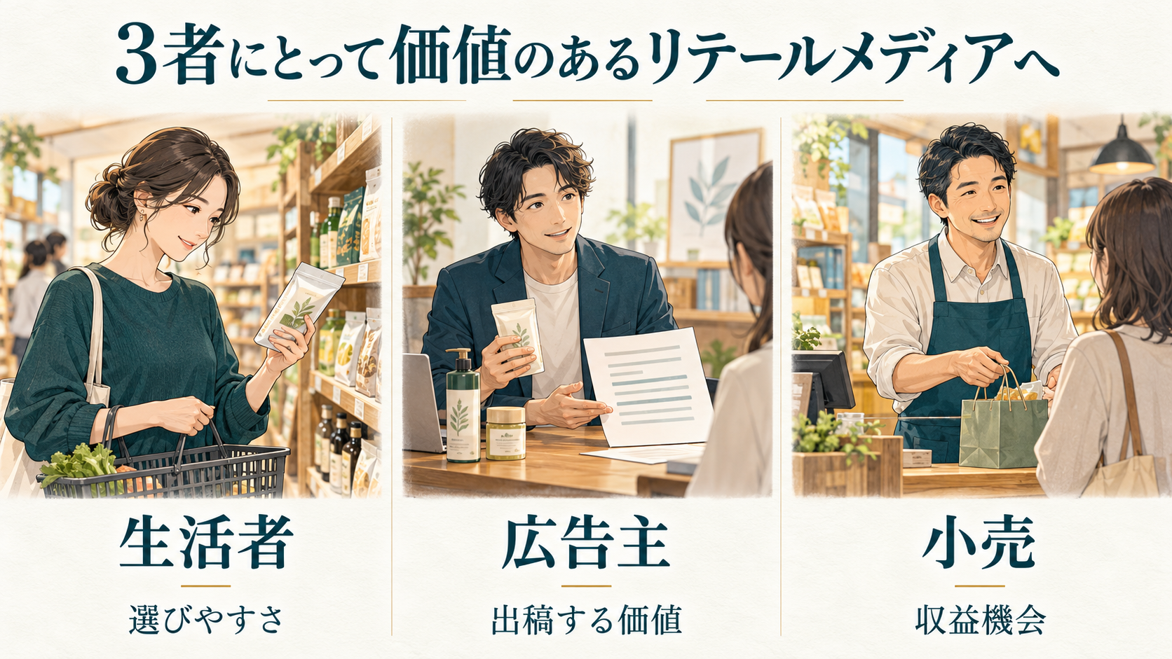 生活者の選びやすさ、広告主の出稿する価値、小売の収益機会という、リテールメディアで目指す3者の価値