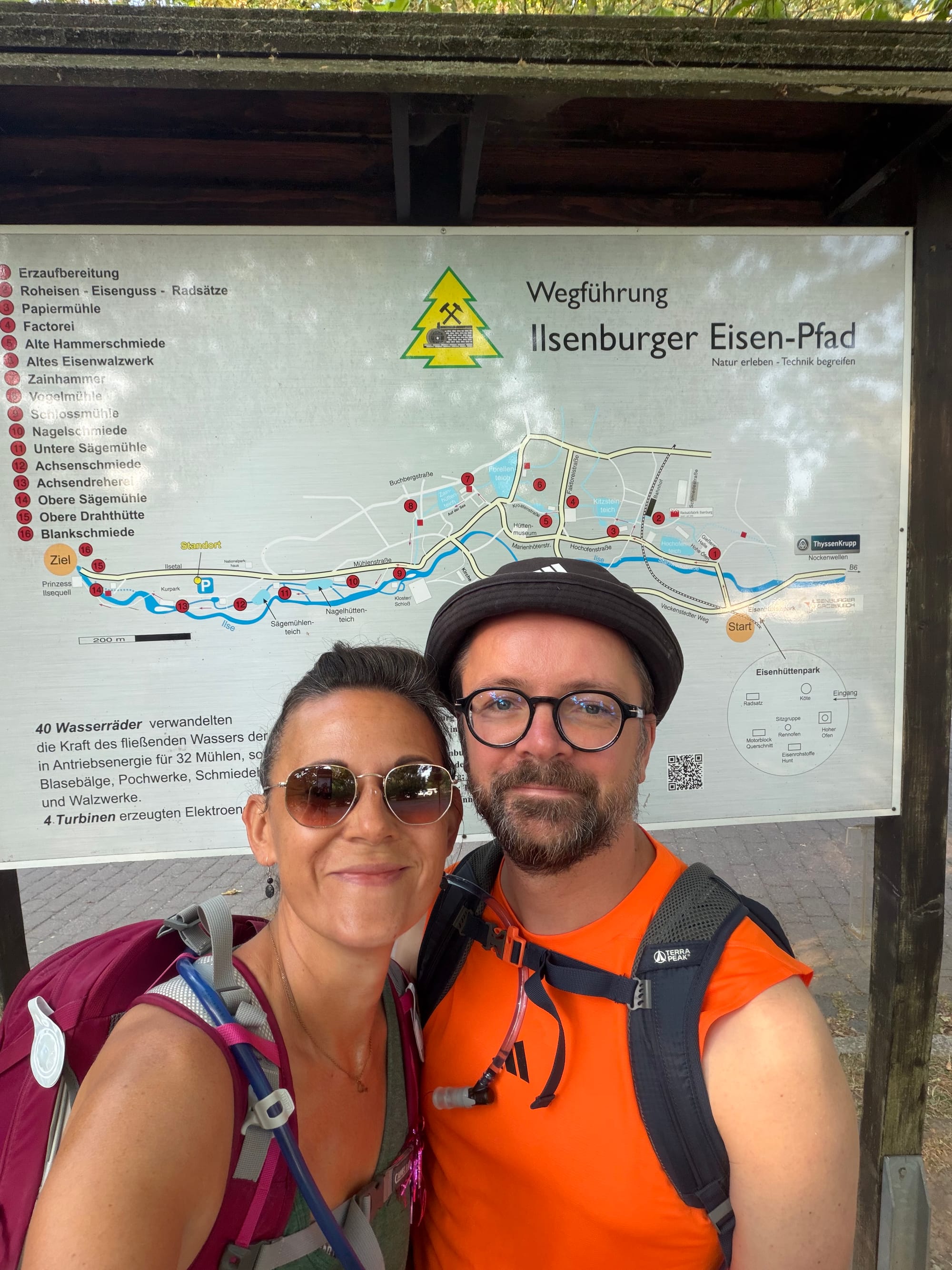 Nicole und Roman lächeln vor einer großen Informationstafel zur Wegführung des Ilsenburger Eisen-Pfads. © Roman Jasiek