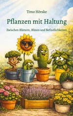 Buchcover „Pflanzen mit Haltung" von Timo Hörske – illustrierte Zimmerpflanzen mit menschlichen Gesichtsausdrücken, Untertitel: Zwischen Blättern, Blüten und Befindlichkeiten
