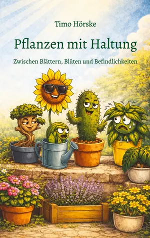 Buchcover „Pflanzen mit Haltung" von Timo Hörske – illustrierte Zimmerpflanzen mit menschlichen Gesichtsausdrücken, Untertitel: Zwischen Blättern, Blüten und Befindlichkeiten