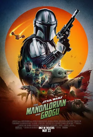 Offizielles Kinoposter zu Star Wars: The Mandalorian and Grogu – Mando in voller Rüstung und Grogu vor orangefarbenem Hintergrund, umgeben von weiteren Charakteren aus dem Star-Wars-Universum