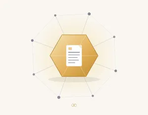 Eine minimalistische Grafik zeigt ein weißes Dokumenten-Symbol in einem goldenen Blockchain-Block, umgeben von einem dezentralen Netzwerk aus Linien und Punkten © Claude