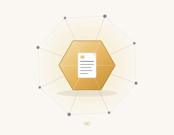 Eine minimalistische Grafik zeigt ein weißes Dokumenten-Symbol in einem goldenen Blockchain-Block, umgeben von einem dezentralen Netzwerk aus Linien und Punkten © Claude