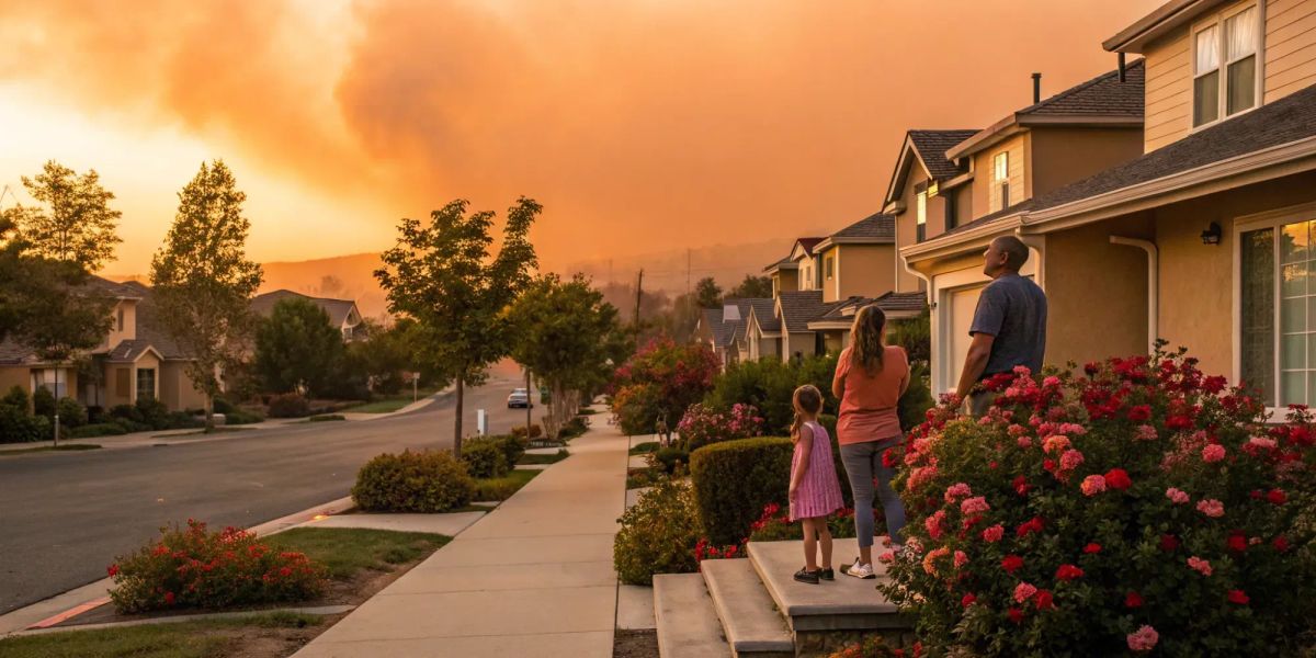 Family watches wildfire smoke over their California home, a major hurdle for finding insurance companies.