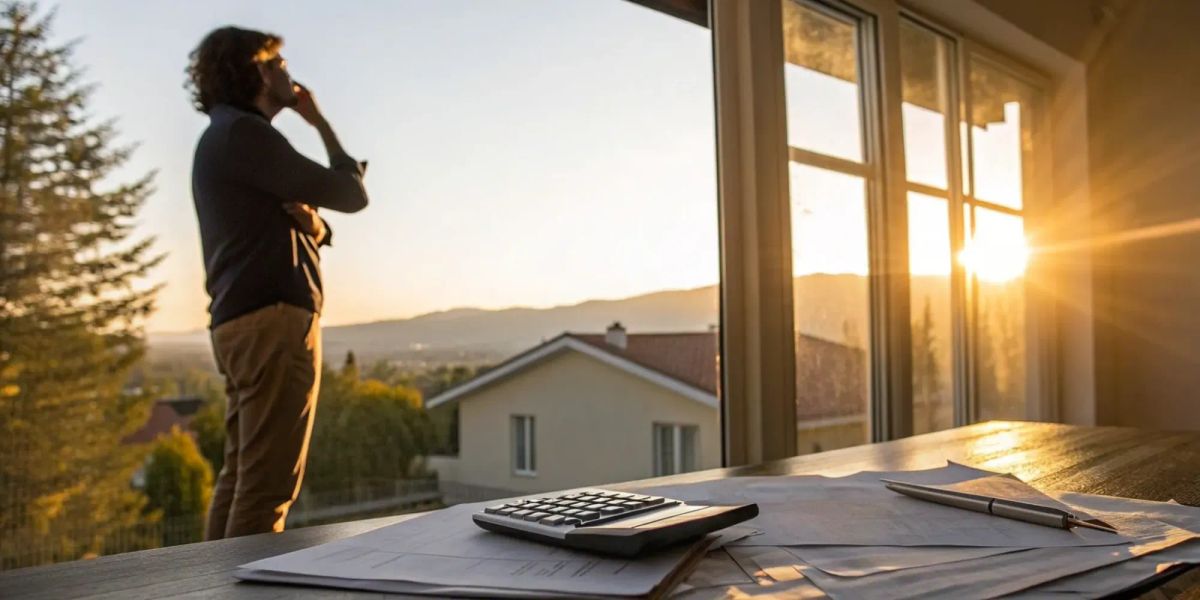 Man with a calculator and documents determines the average price of homeowners insurance per month.