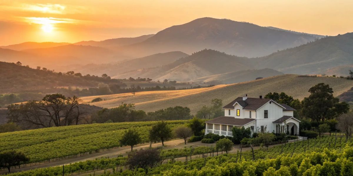 California home nestled in a vineyard at sunset.