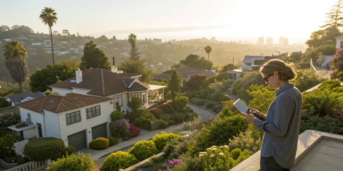 California homeowner checks insurance rates for her zip code on a tablet.