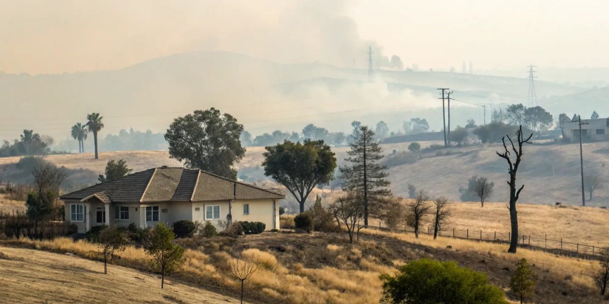 A California home in a dry landscape under a smoky sky, a scene from the homeowners insurance crisis.