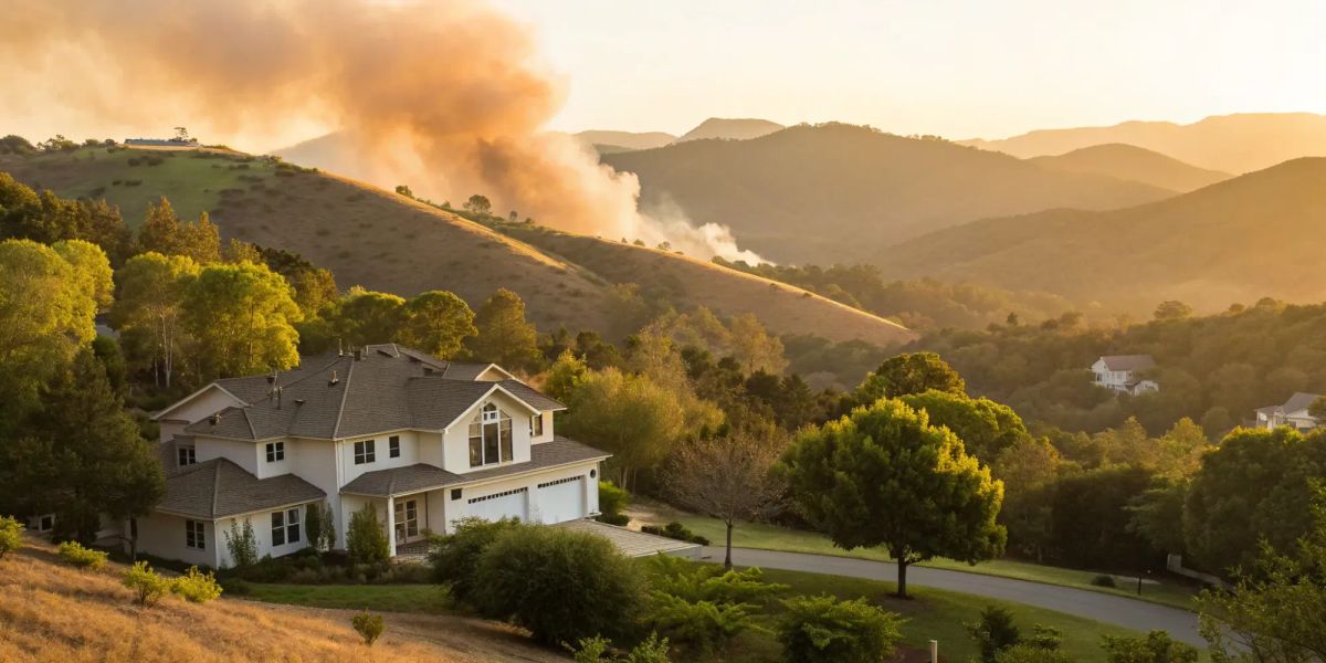 California home near hills with wildfire smoke, a risk covered by the top 10 fire insurance companies.