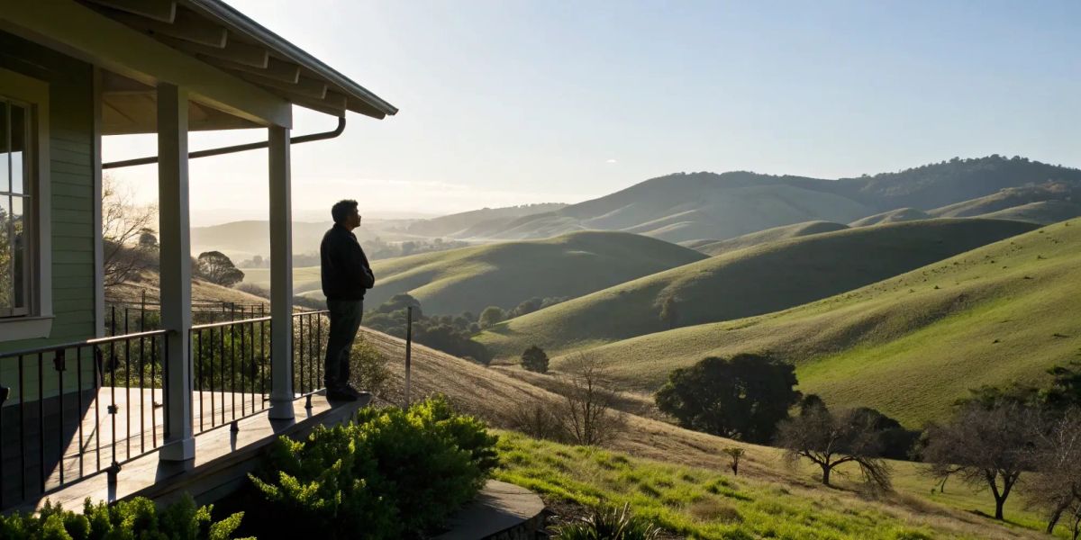 Man on a porch overlooking California hills, finding home insurance during a crisis.