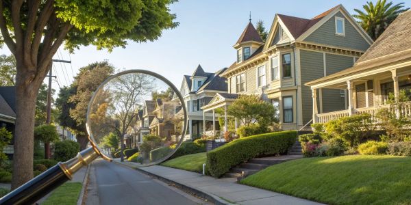 A magnifying glass checking homeowners insurance availability for a home address in California.