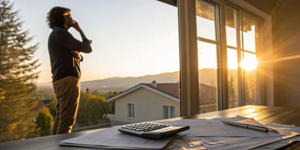 Man with a calculator and documents determines the average price of homeowners insurance per month.