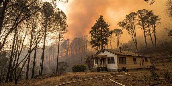 A California wildfire threatens a home, a reason why insurance companies cancel fire insurance.