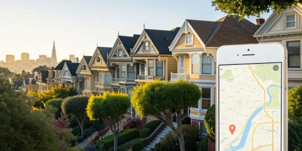 A smartphone displays the best home insurance finder app with California houses in the background.