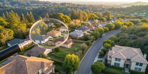 Finding who writes homeowners insurance in a California zip code with a magnifying glass over homes.