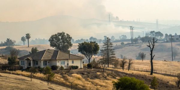 A California home in a dry landscape under a smoky sky, a scene from the homeowners insurance crisis.