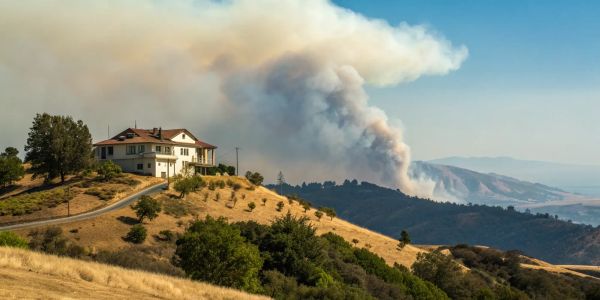 Home on a dry hillside near a wildfire, a risk for homeowners insurance availability by address.