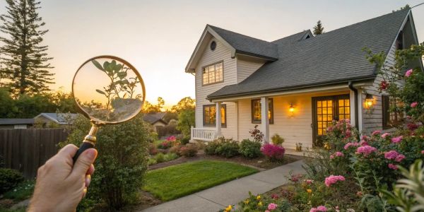 Searching for California home insurance providers with a magnifying glass over a home.