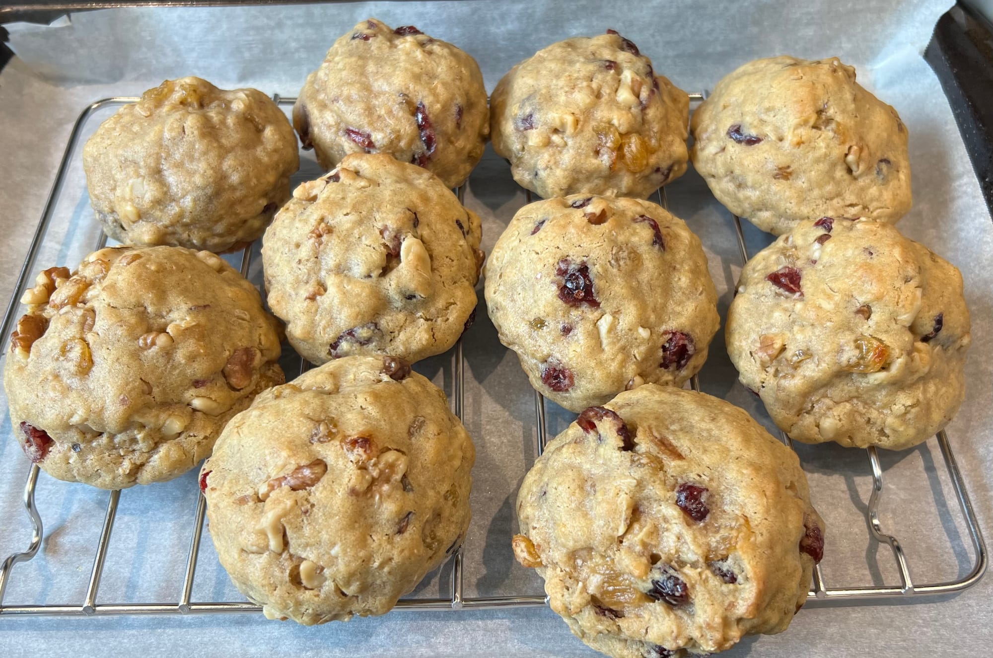 A fresh-baked batch of oatmeal raisin cookies