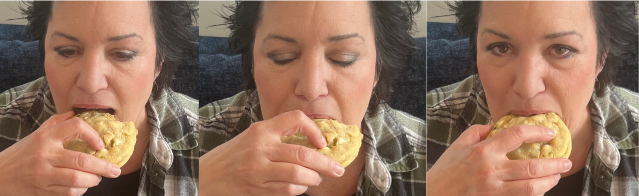 The author enjoys a fresh-backed lemon pistachio macadamia cookie