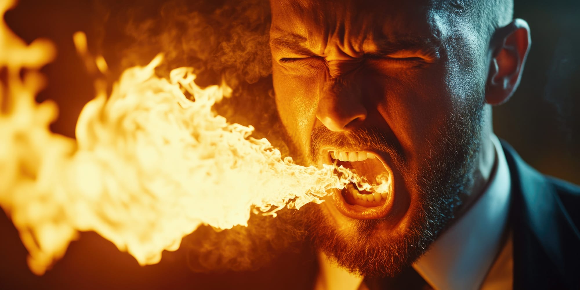 Flames stream from the mouth of a screaming man.