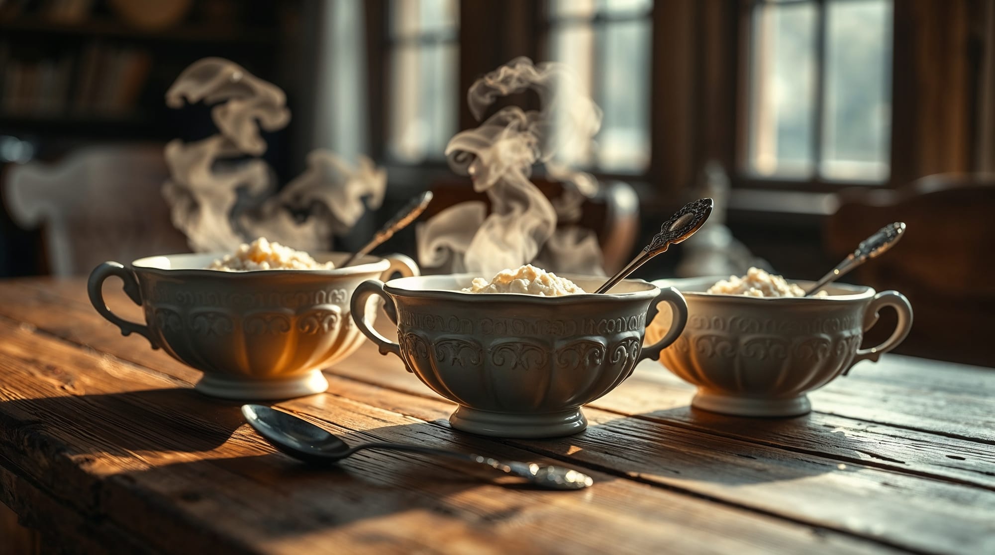 Three elegant bowls of steaming porridge.