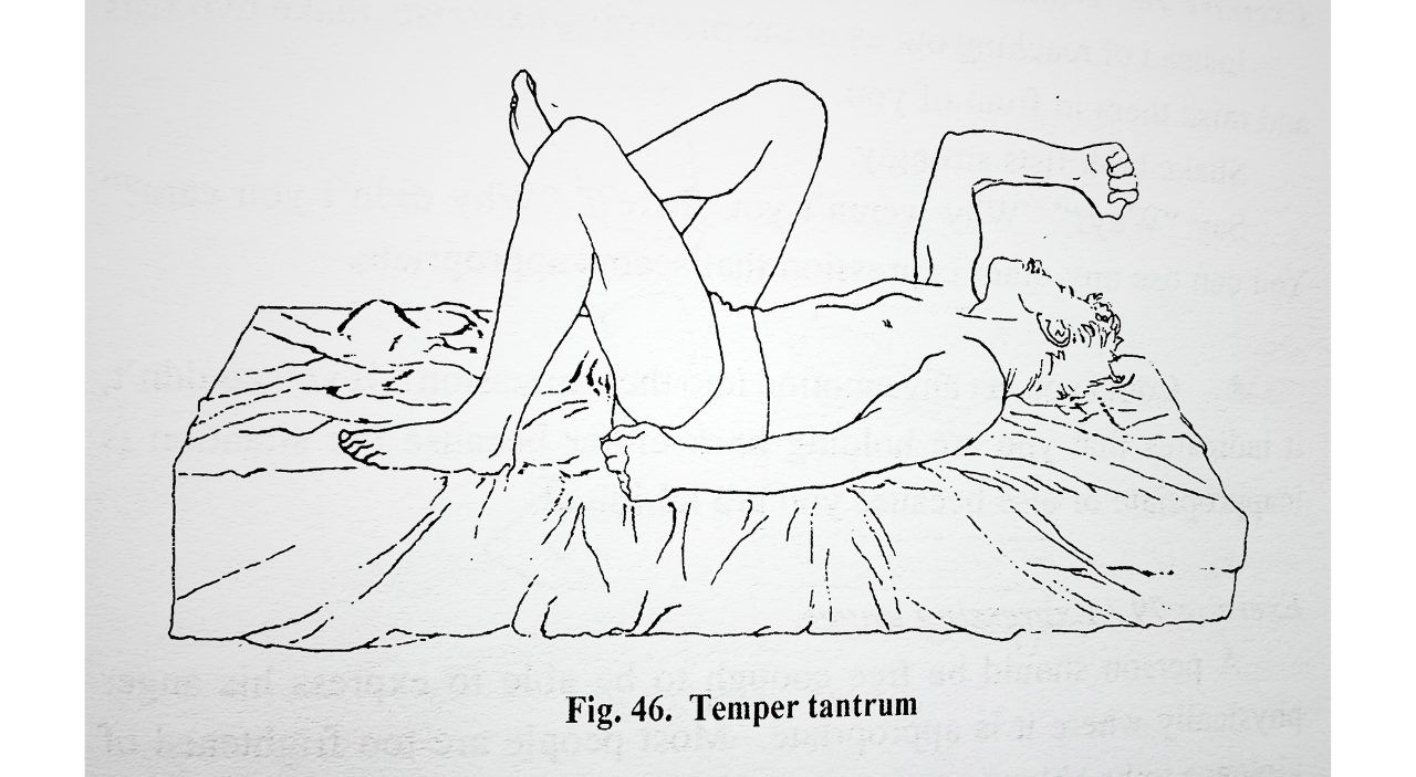 A full grown man lies on his back on a mattress in his underwear, thrashing around. The caption reads, "Fig. 46. Temper tantrum"