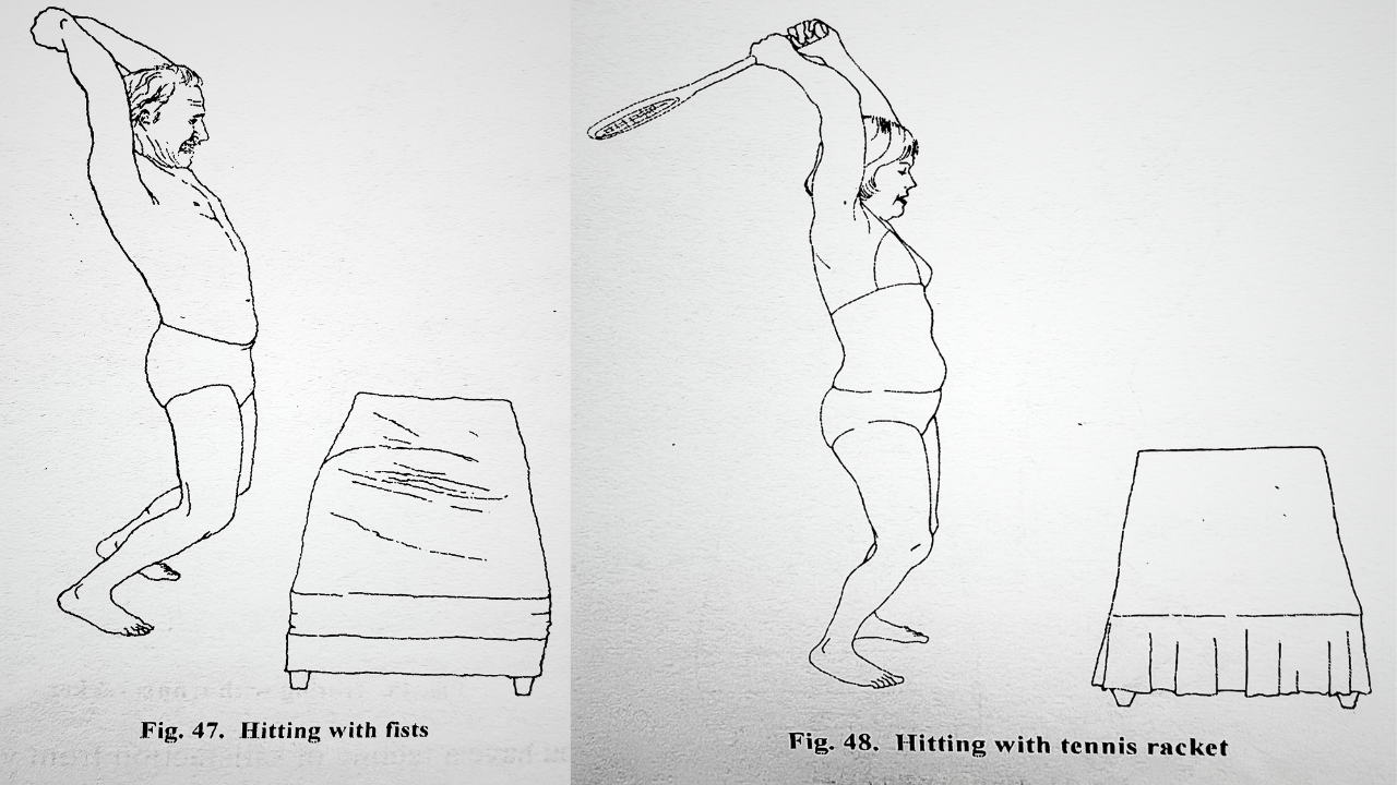 Two more line drawings of people engaged in Bioenergetic activities. The first is a man in his underwear, facing a mattress with his fists raised. The caption reads "Fig. 47. Hitting with fists". The second is a woman in her underwear facing a mattress, raising a tennis racquet over her head. The caption reads, "Fig. 48. Hitting with tennis racket".