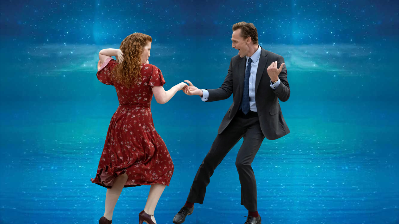 Tom Hiddleston and Annalise Basso dancing against a blue starry background.